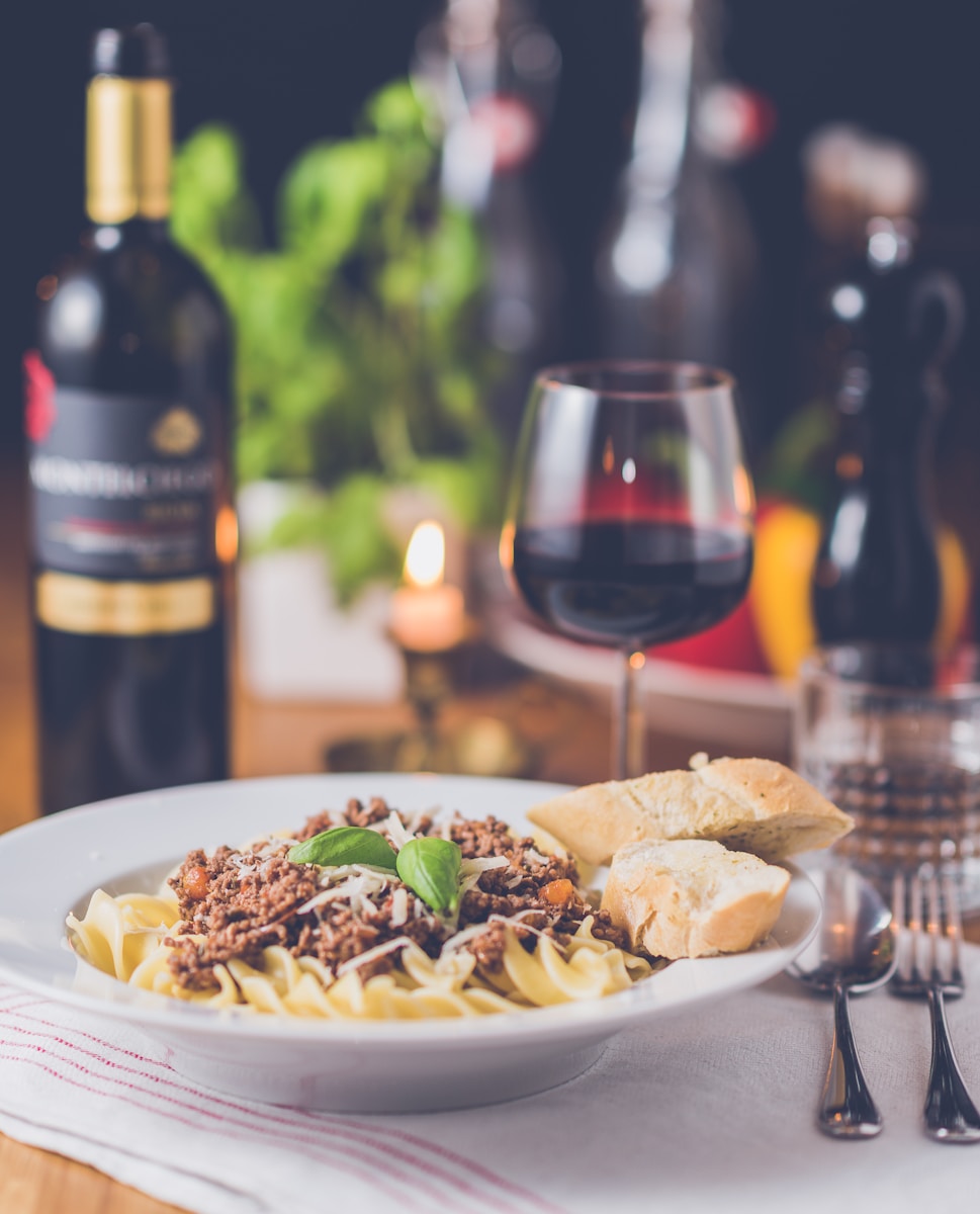 pasta platter with wine